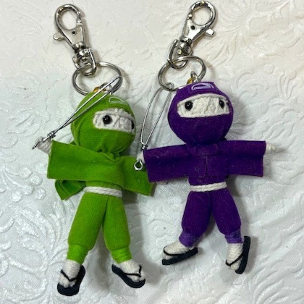 TWO Ninja String Doll Keychain Toys w/Swords Purple/Lime Green 2.5" x 3" NEW